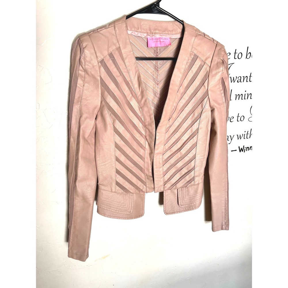 Azalea Wang Dusty rose Mesh Chevron Faux Leather Cropped Jacket womens moto edgy